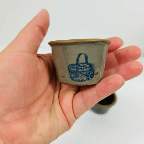 Vintage Miniature Stoneware Crocks Glazed Set of 3 Blue Basket Bear Cow - Picture 4 of 8
